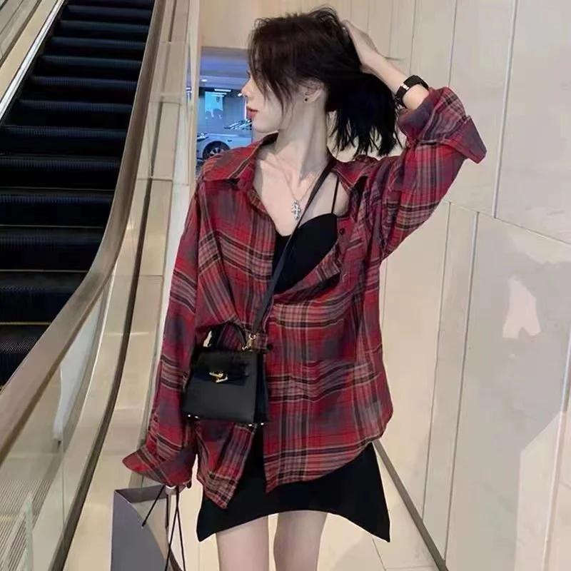 Chemise de protection solaire à manches longues à carreaux rouge et noir pour femmes, petit haut ext