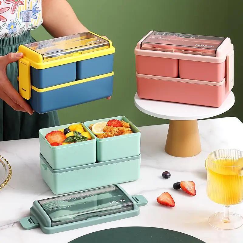Boîte à déjeuner Portable Double couche pour enfants, avec fourchette et cuillère, boîtes à Bento po