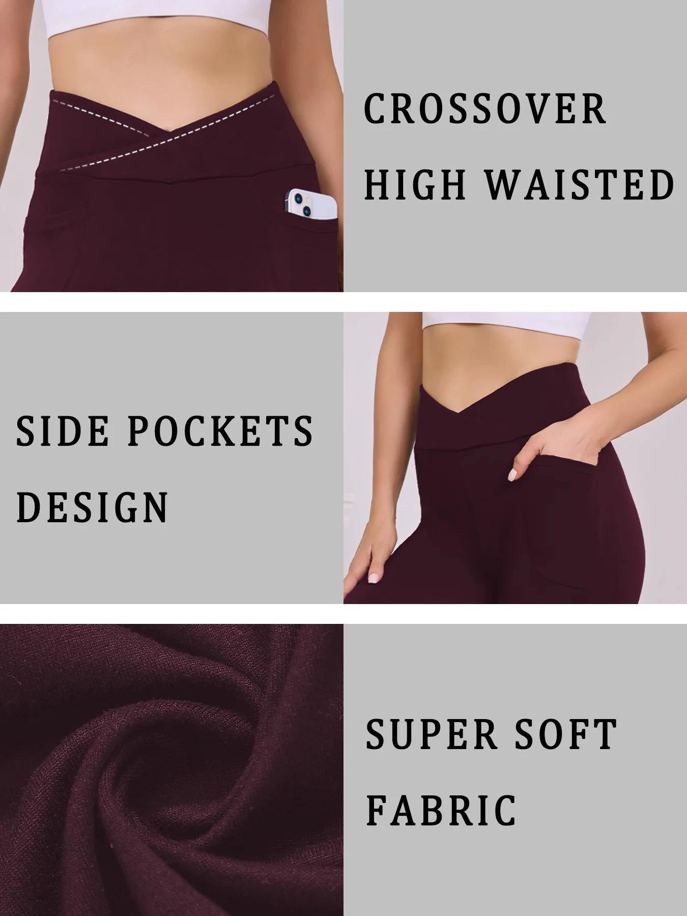 Legging taille haute croisé super doux pour femme avec poches, effet ventre plat, non transparent, i