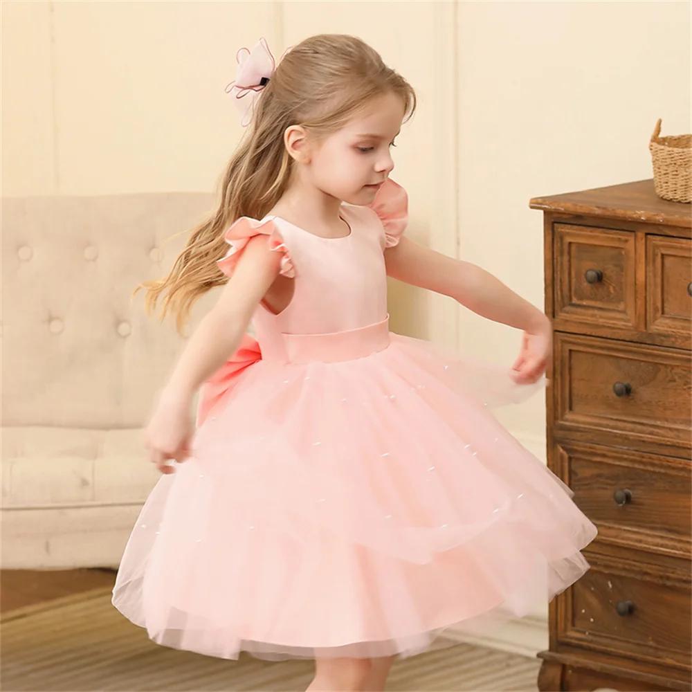 Robe en tulle bleu à dos nu pour petite fille, tenue de fête, princesse, avec nœud papillon
