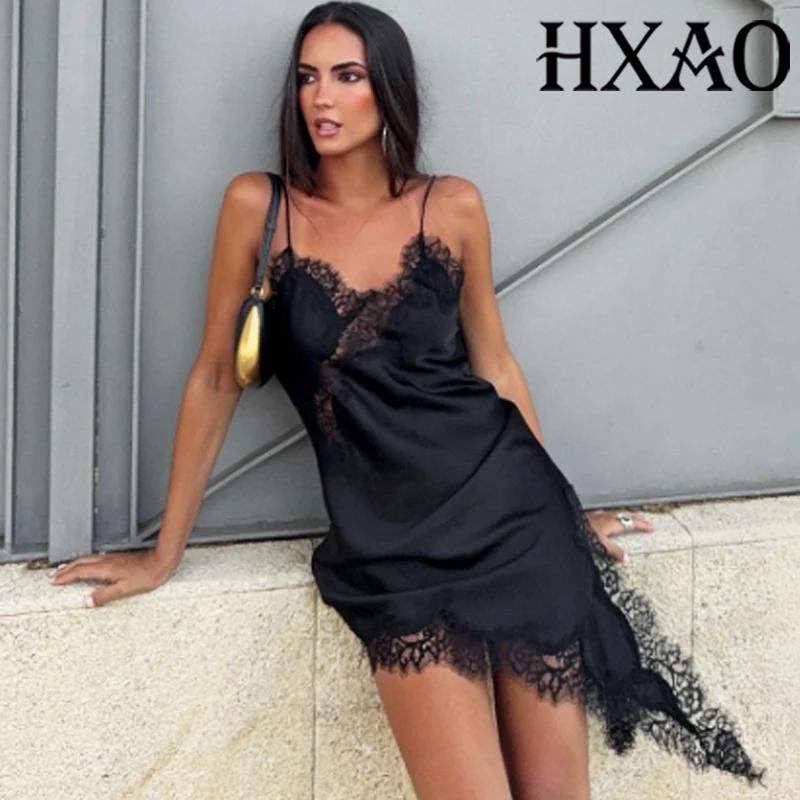 HXAO Slip femmes robes sans manches robe en dentelle noire femme asymétrique robes de soirée élégant
