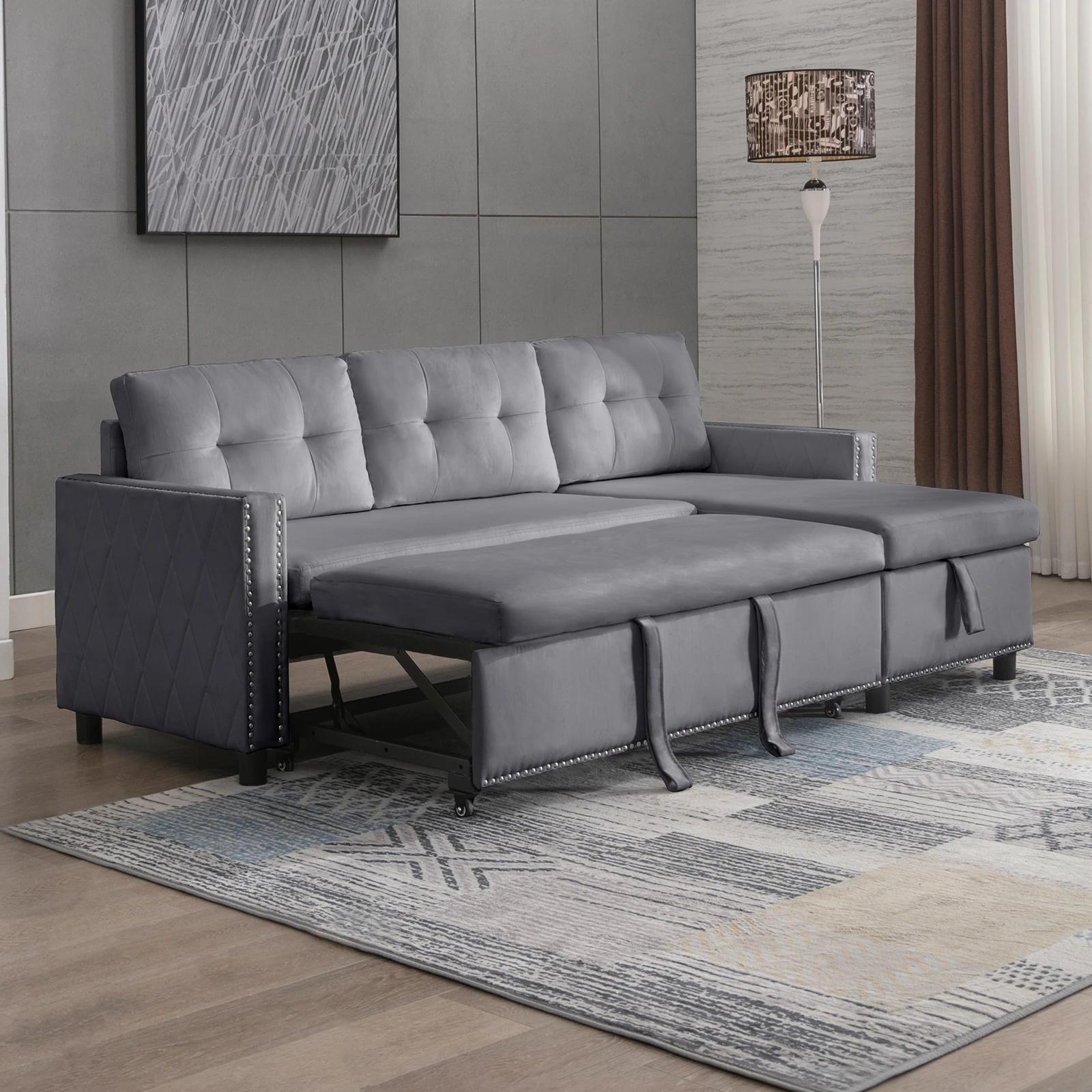HORGgland-Canapé convertible en forme de L avec chaise de rangement, canapé-lit en velours, canapé-l