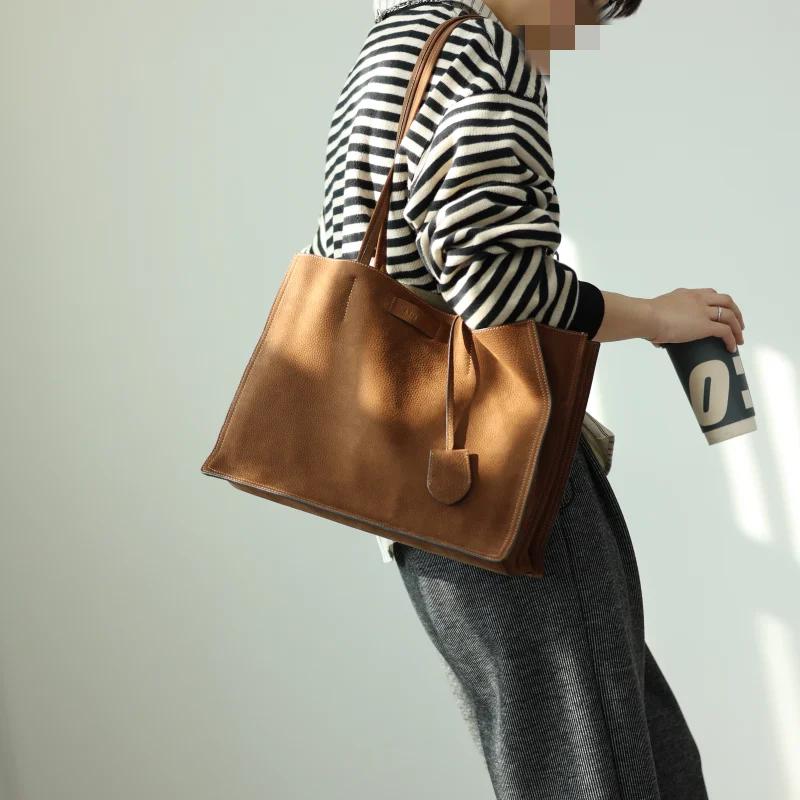 Fourre-tout rétro en cuir véritable pour femmes, sac à bandoulière souple de grande capacité adapté