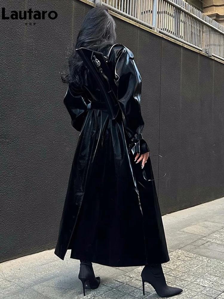 Lautaro printemps automne Extra Long surdimensionné Cool réfléchissant brillant noir en cuir verni T