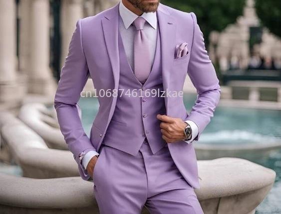 Costume 3 Pièces Violet Clair pour Homme, Classique, Formel, Élégant, Mariage, Marié, Smokings, Blaz