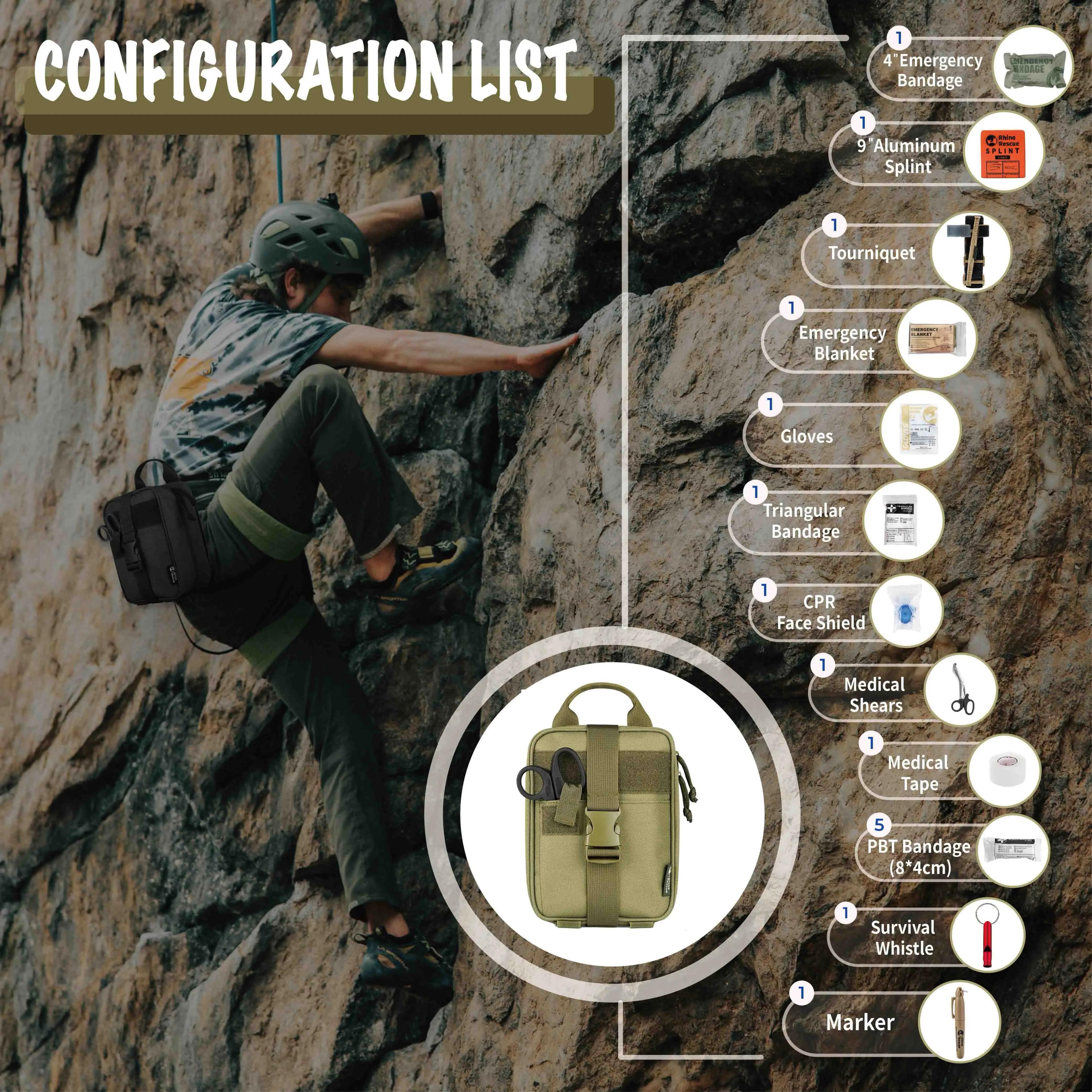 Kit de survie de premiers secours Rhino, pochette IFAK, Kit de Camping fourni avec 20 articles EMT p