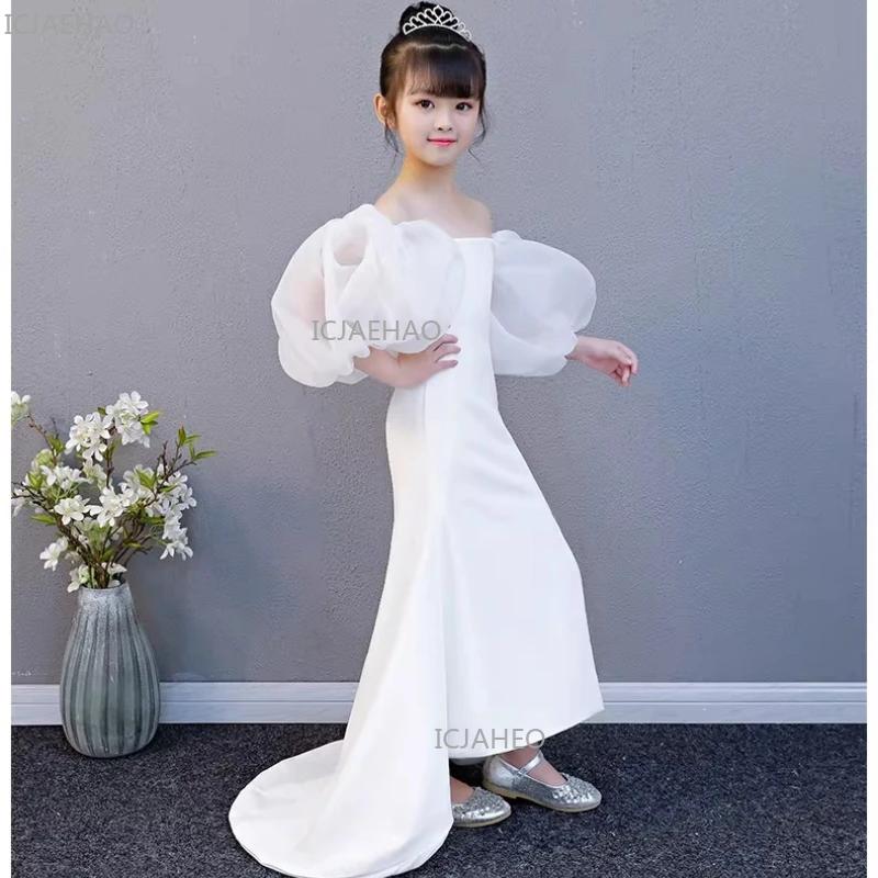 Robe sirène blanche sans bretelles pour filles avec traîne, tenue de cérémonie pour fête, costume de