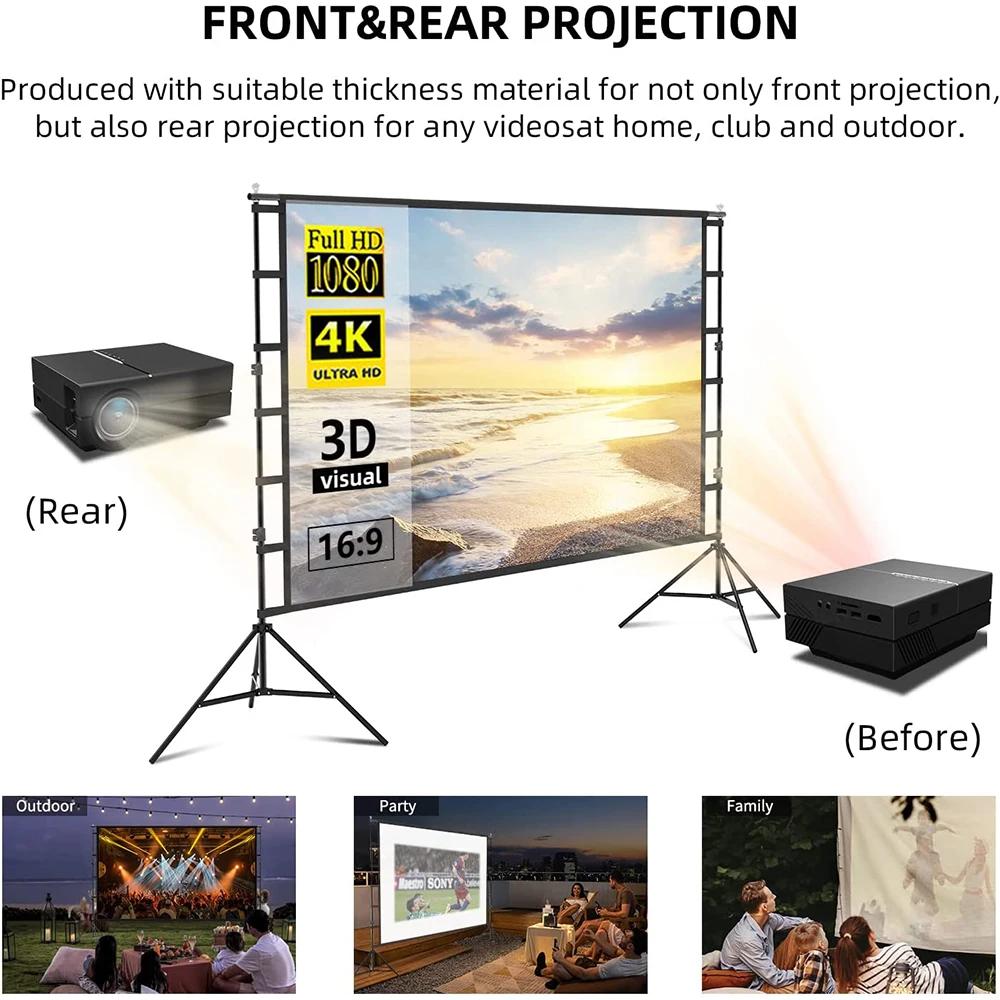 Écran de projecteur VEIDADZ avec support blanc sans plis 160 ° Angle de vision 60-150 pouces, écra