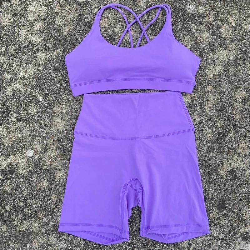 Ensemble cyclisme court Yoga pour femmes - Soutien-gorge et leggings dos croisé pour sport à fort impact