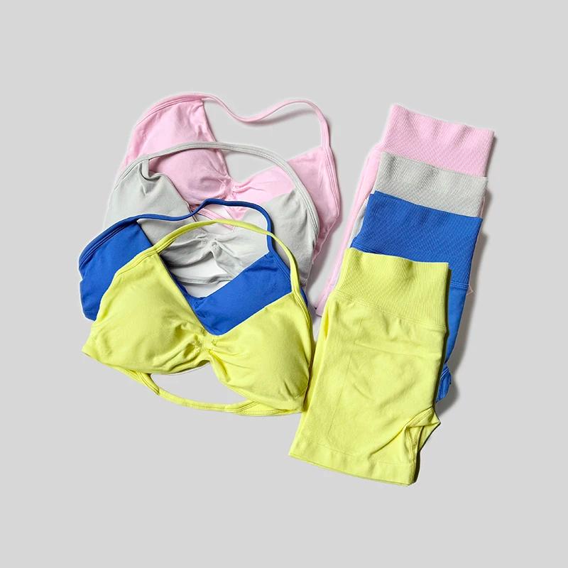 Ensemble de Yoga pour femmes, Fitness, gymnastique, couleur unie, taille haute, pêche, Legging court