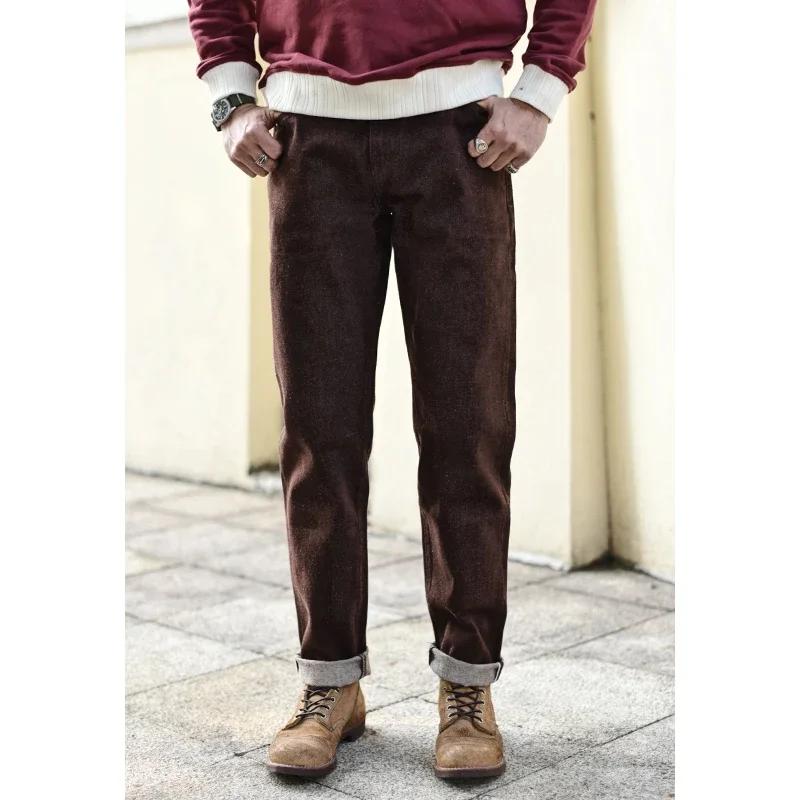 Ceaisszhan-Jean en denim marron pour homme, coupe effilée, vintage, 13.8 Oz