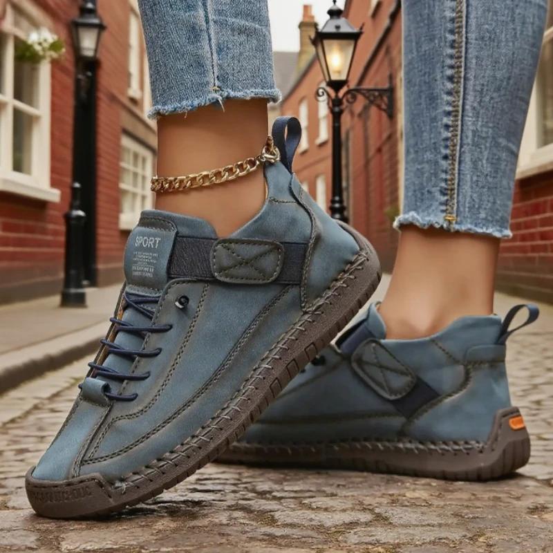 Mocassins en cuir faits à la main pour femmes, bottes de moto décontractées, confortables, à semelle