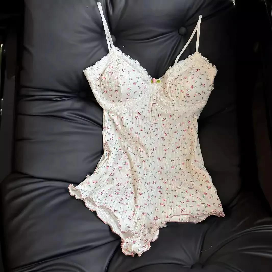 Combinaison barboteuse à imprimé floral pour femmes, garniture en dentelle, justaucorps coupe couver