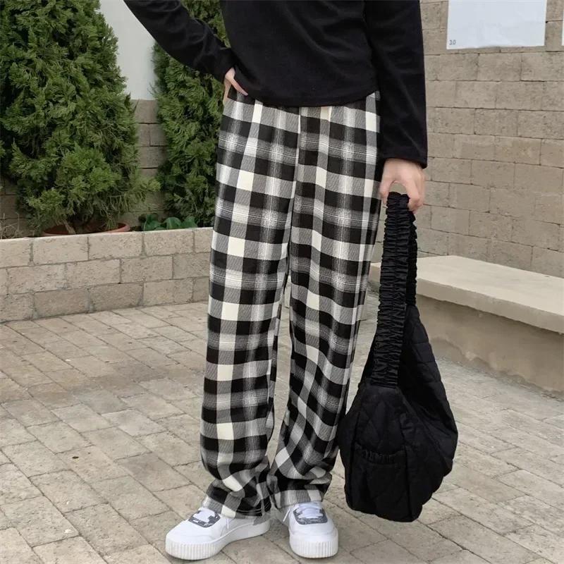 Mode chaud en peluche pantalon cachemire épais Plaid dames hiver décontracté ample pantalons à jambe