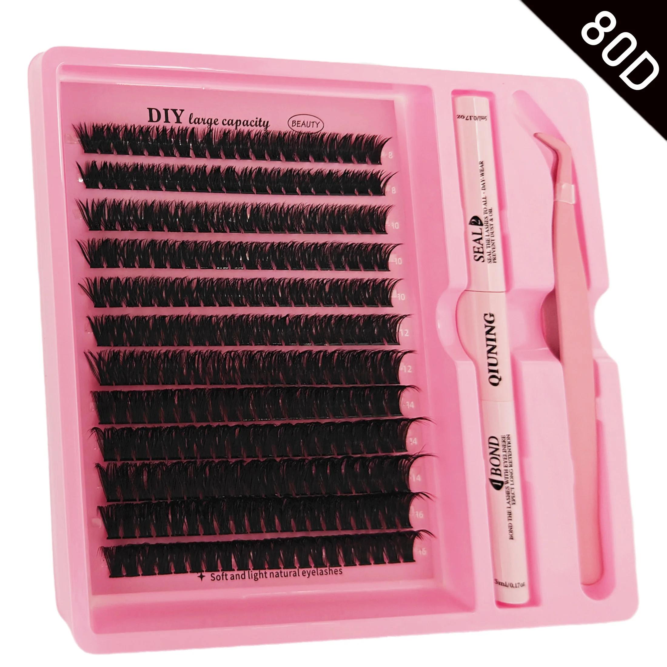 QIUNING Kit de grappes de cils moelleux cils individuels liaison et joint et dissolvant Faux cils de