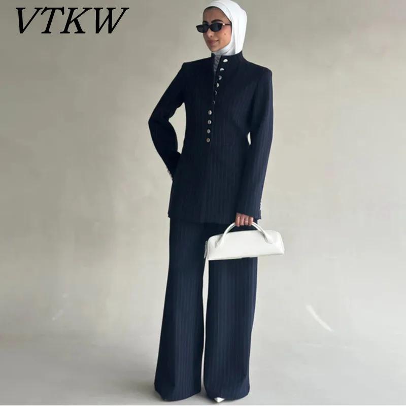 VTKW Nouvelle Collection 2026 – Ensemble Blazer et Pantalon Large Bleu Marine à Rayures Fines pour F