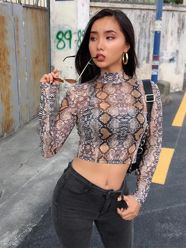 Décontracté vert serpent imprimé T-shirt femmes haut en maille à manches longues Transparent peau de