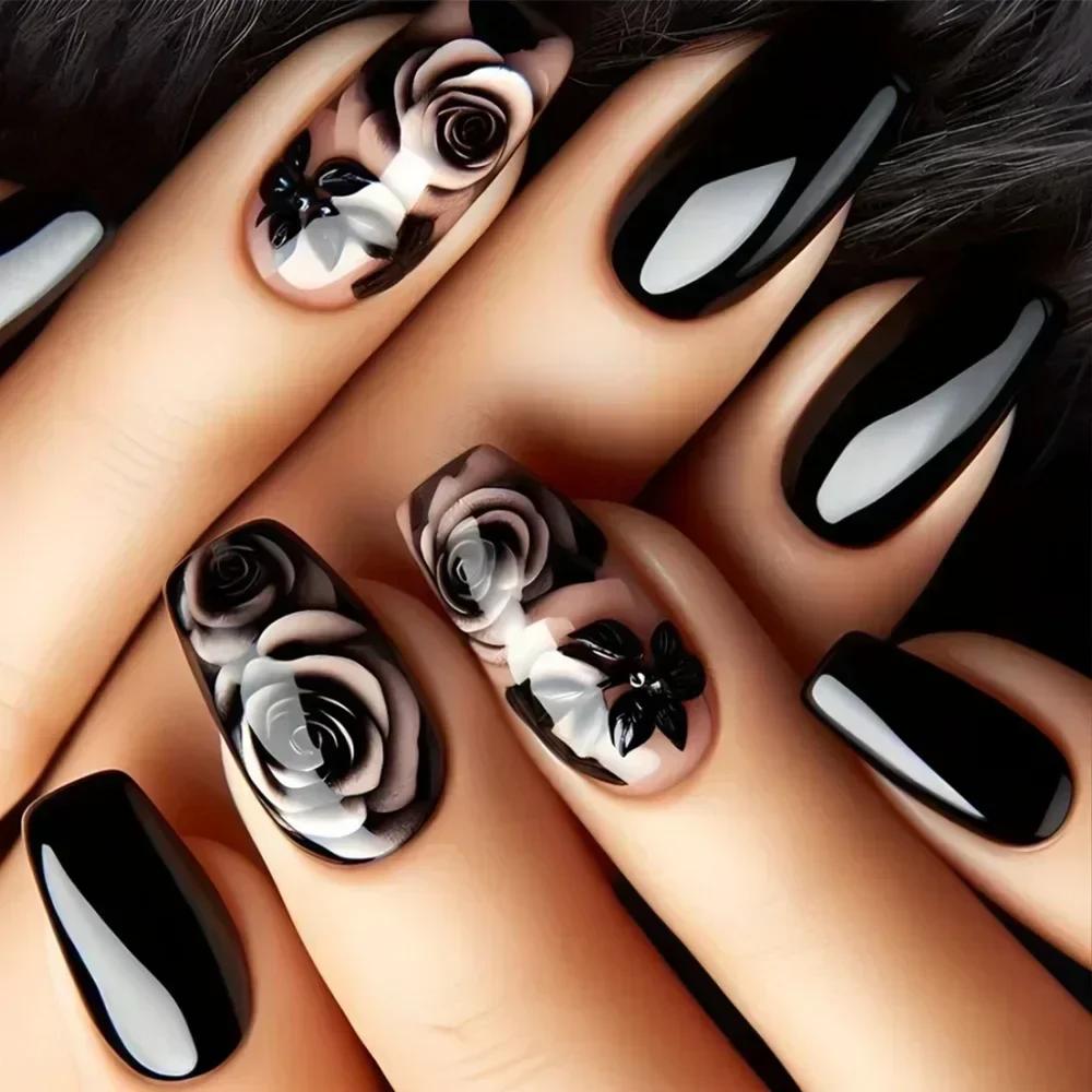 Faux ongles courts noirs solides, 24 pièces, avec motif de Rose, ballerine carrée artificielle, couv