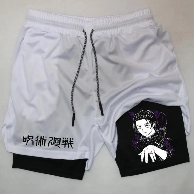 Short de compression 2-en-1 pour hommes, idéal pour la gym, la course et l'athlétisme, motif Anime J