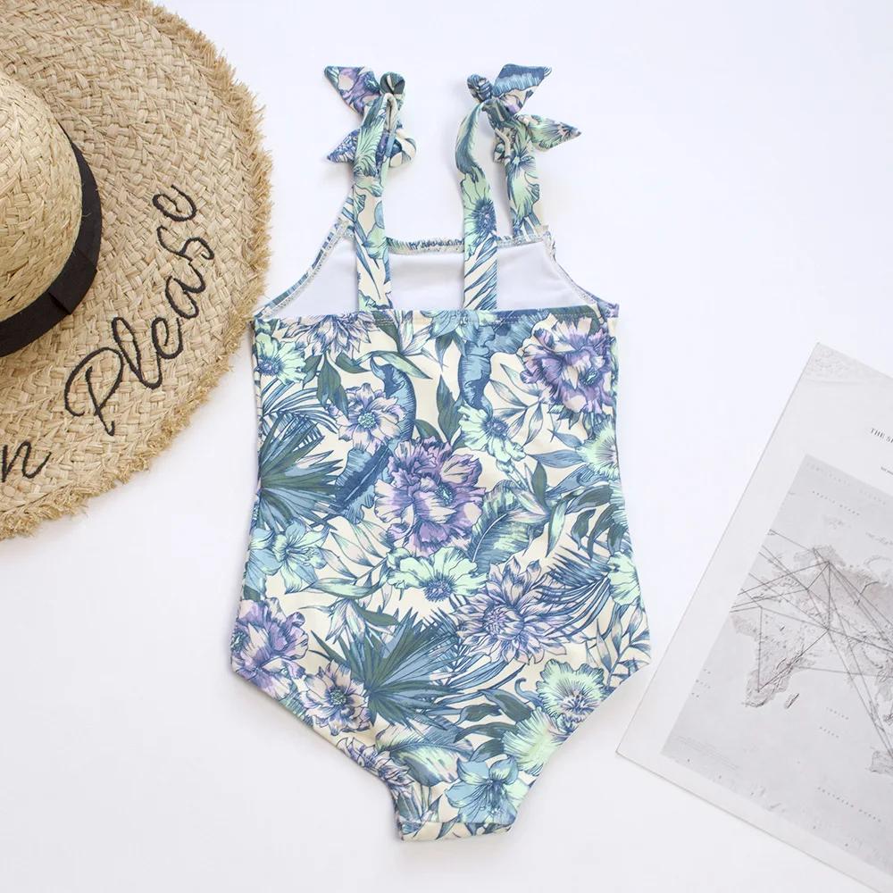 Été fleur imprimé filles enfants une pièce maillots de bain maillot de bain nœud déco enfants plage