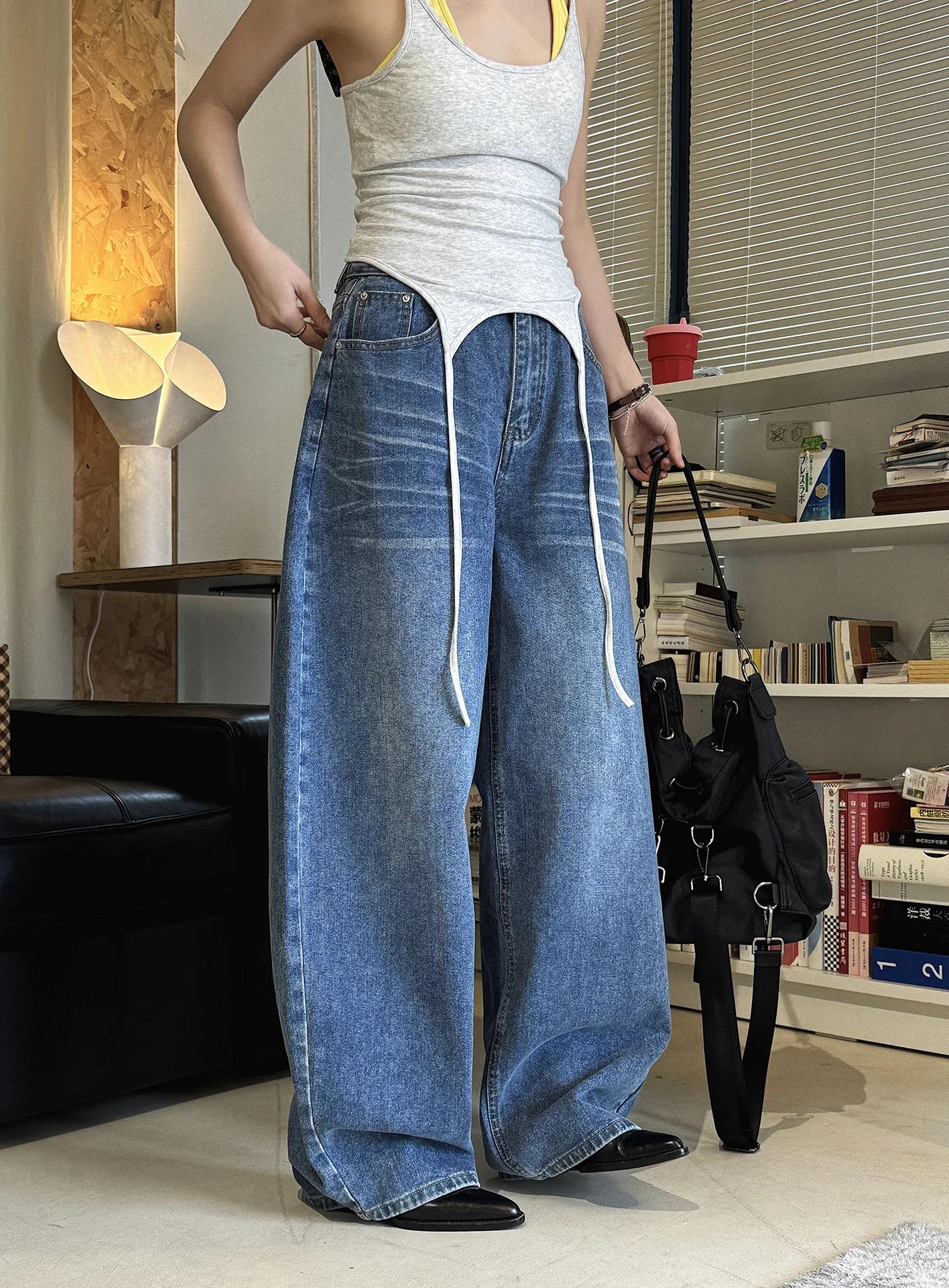 Nouveau jean délavé coupe ample taille haute style rétro américain tendance printemps/été pour femme