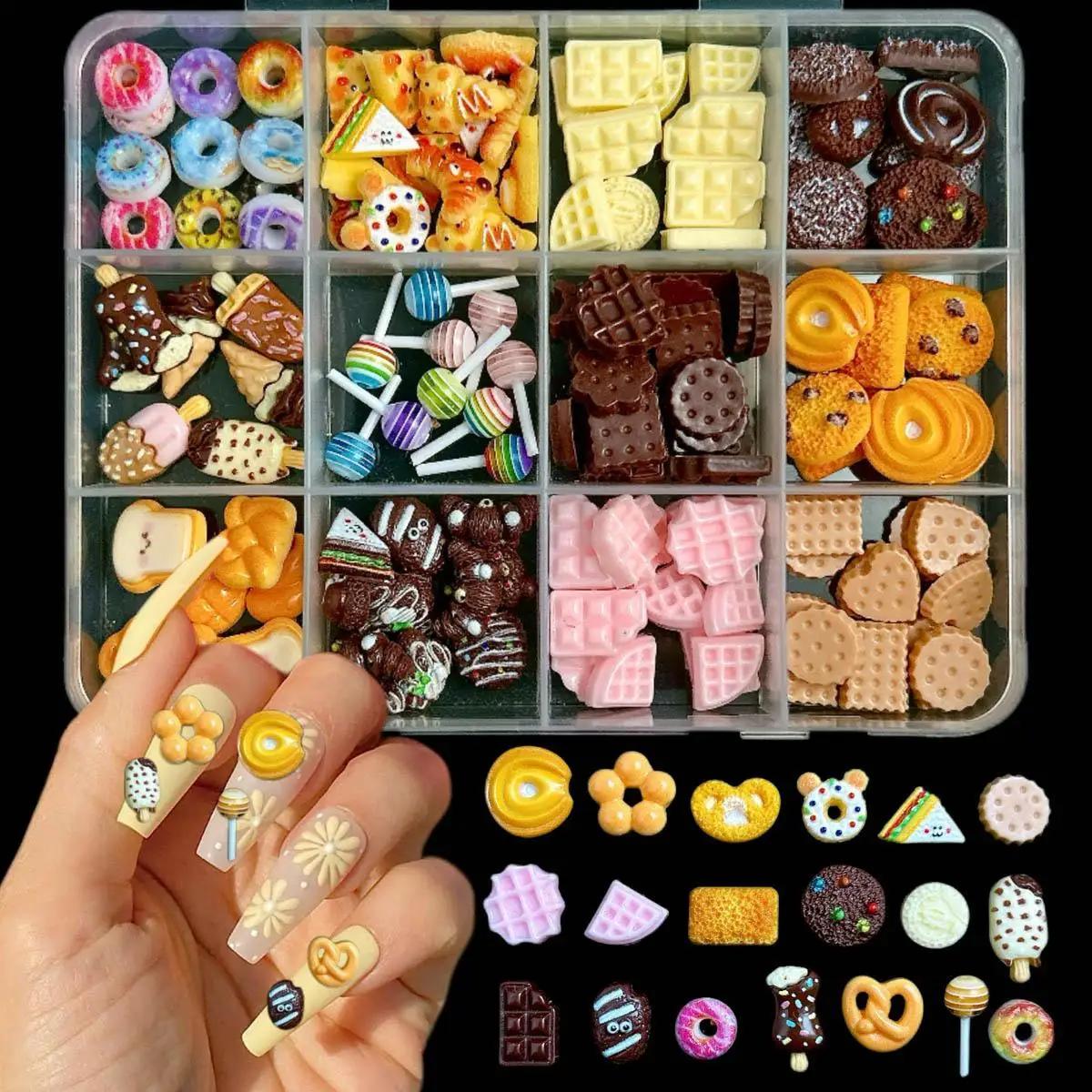 Biscuits au chocolat artificiels créatifs, 1 boîte, nail art, décorations en résine, nœuds colorés,
