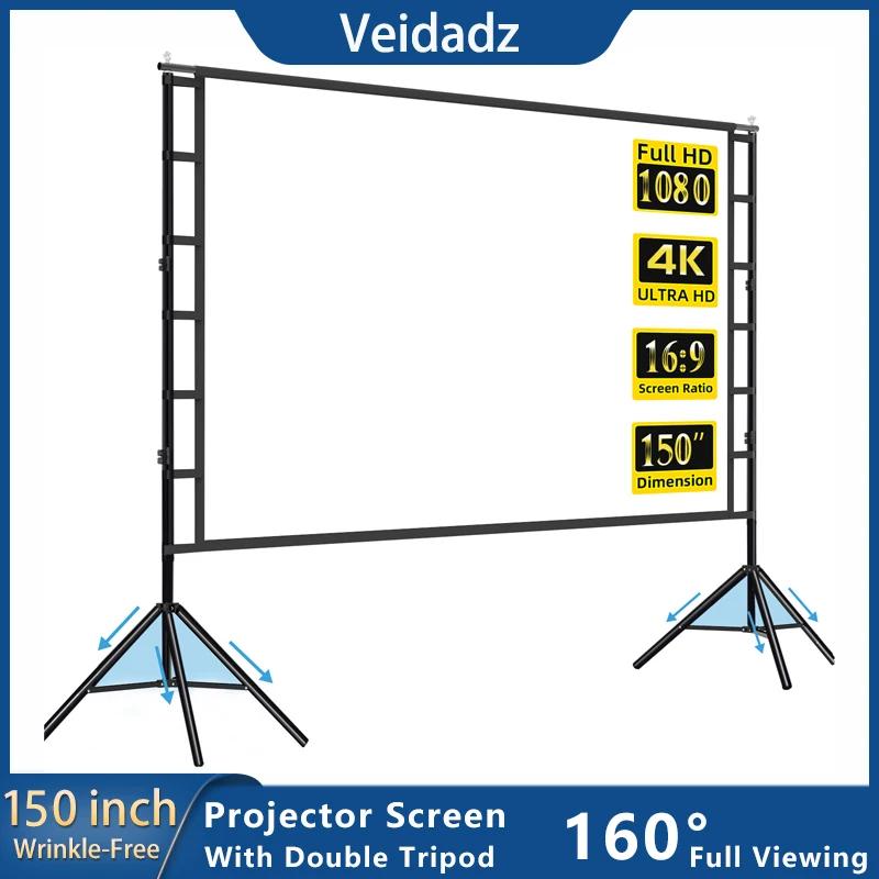 Écran de projecteur VEIDADZ avec support blanc sans plis 160 ° Angle de vision 60-150 pouces, écra