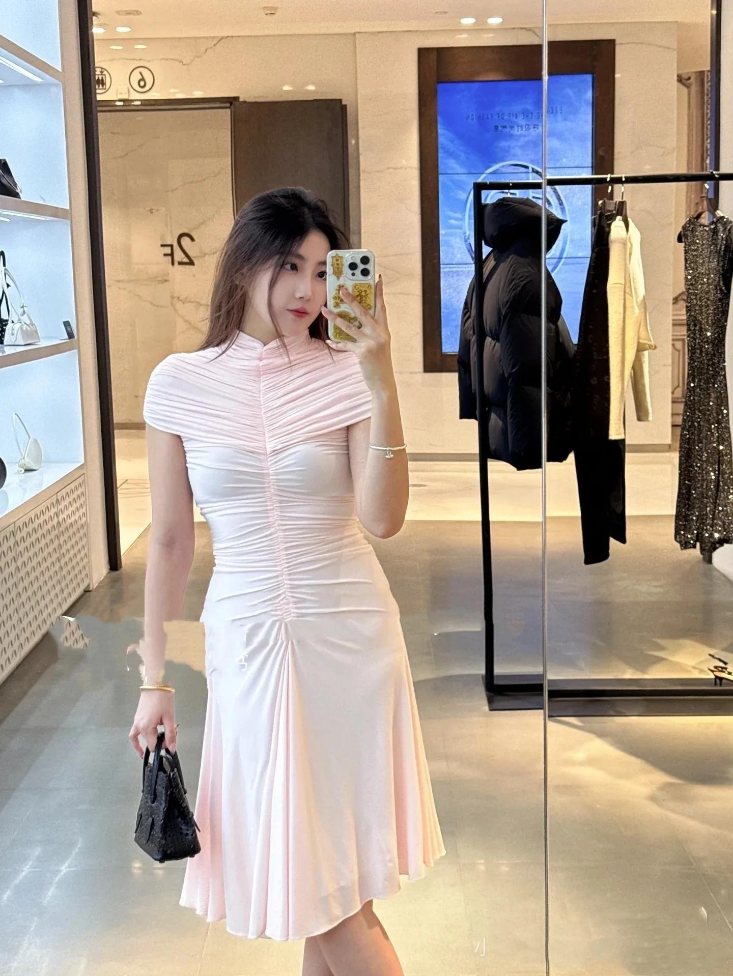 Robe longue plissée sexy, col haut, manches courtes, tempérament, mode, robes de soirée, paquet Slim