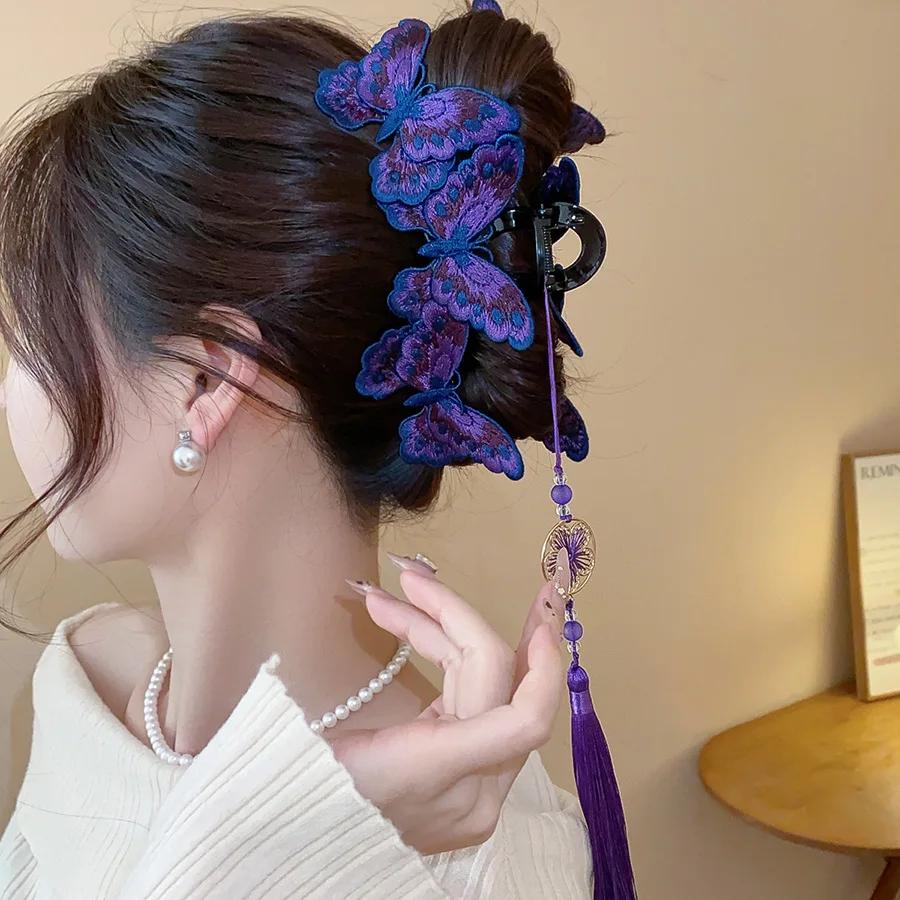 Pinces à cheveux papillon tricotées de Style chinois pour femmes, longues fleurs violettes, pompon r