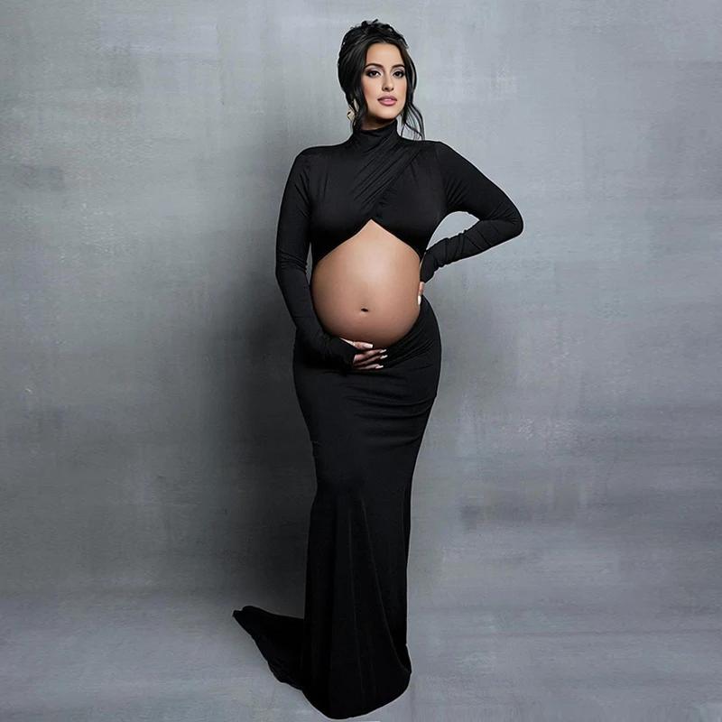 Robe de grossesse, accessoires de photographie, robe Maxi à col roulé, manches longues découpées sur