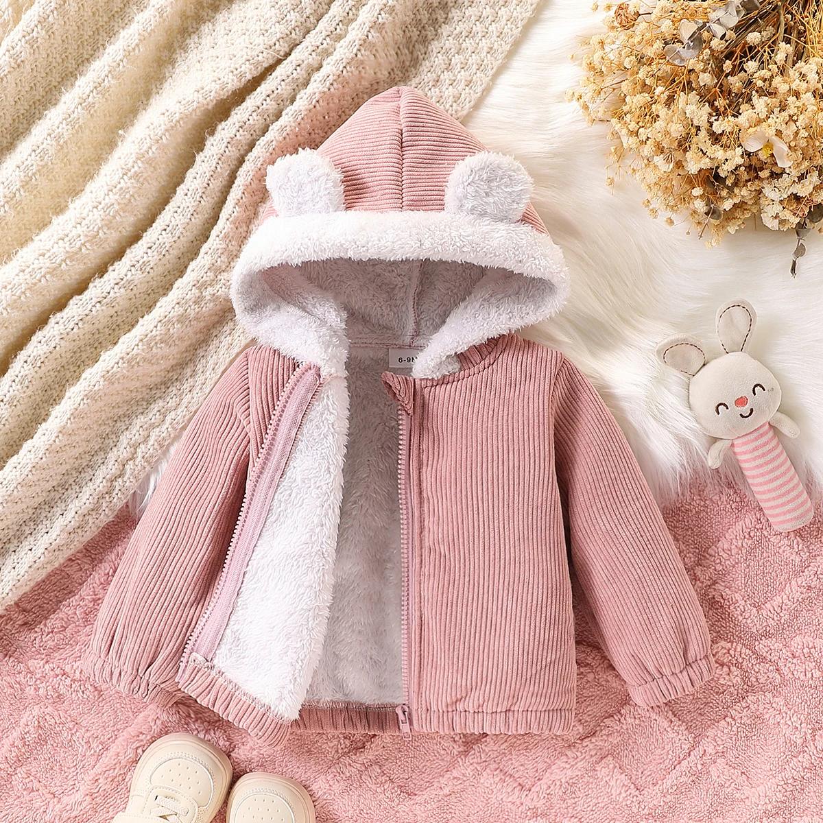 Veste décontractée en velours côtelé pour bébé fille, mignon, tissu en peluche composite, fermeture