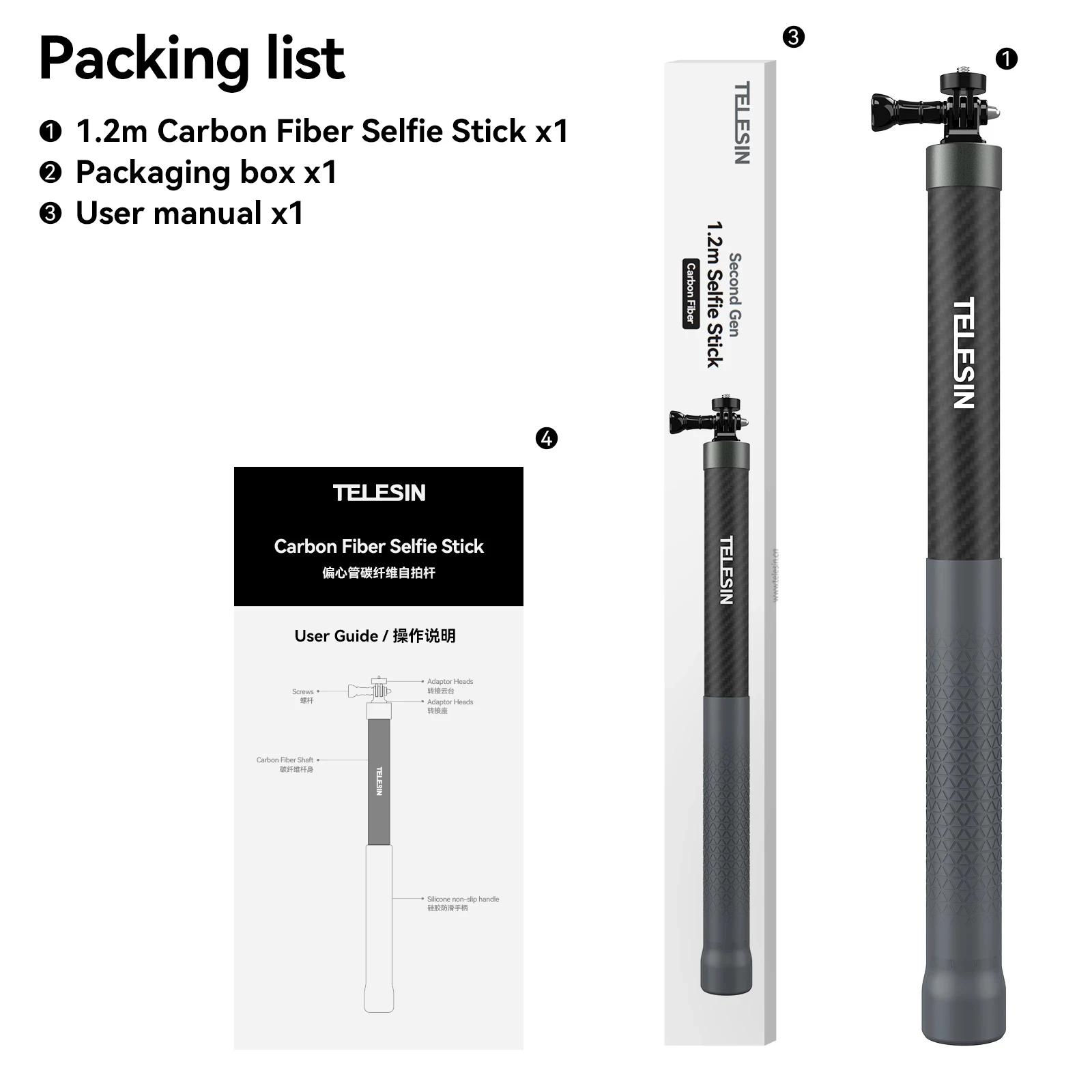 TELESIN 1.2M 3M perche à Selfie en Fiber de carbone monopode extensible avec vis 1/4 pour GoPro 13 1