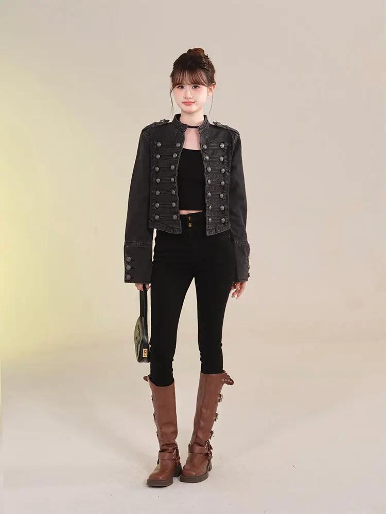 Veste courte en Denim rétro américain pour femmes, manteau de moto décontracté à manches longues et