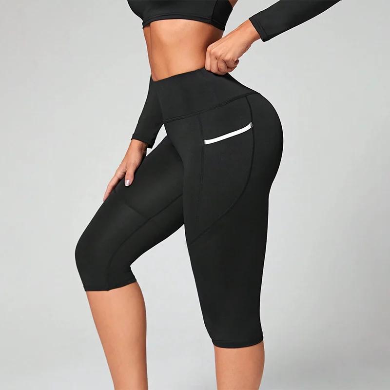 Leggings capri femme taille haute avec poches - Pantalon de yoga contrôle ventre entraînement fitness