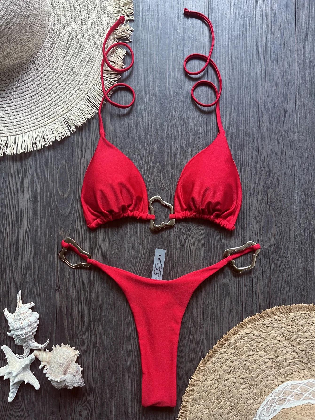 Micro bikini sexy à bretelles 2026 pour femme, maillot de bain uni, ensemble de bikinis string, tenu