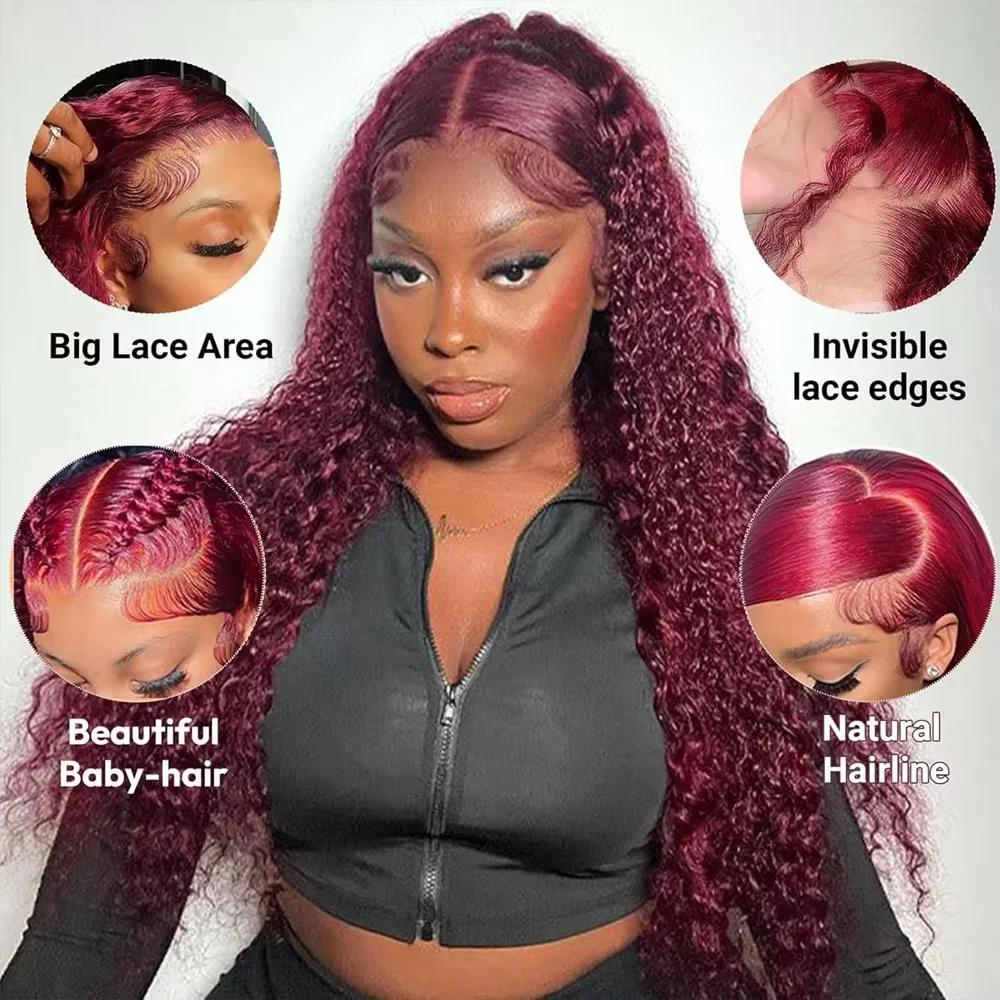 30 pouces bordeaux 99j vague profonde frontale perruque colorée bouclés perruques de cheveux humains