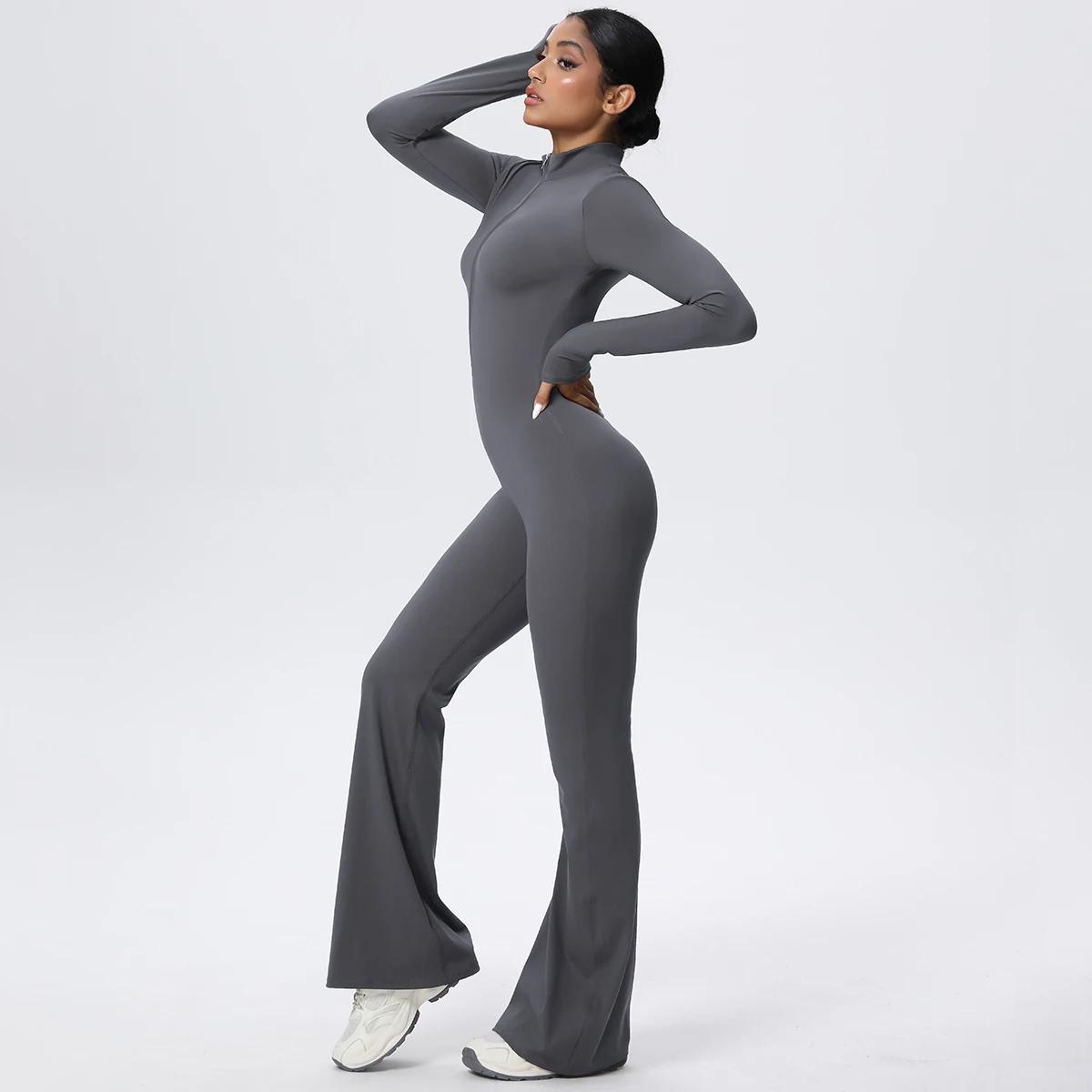 Femme couleur unie combinaison Yoga costume demi fermeture éclair Scrunch sport Fitness vêtements gy