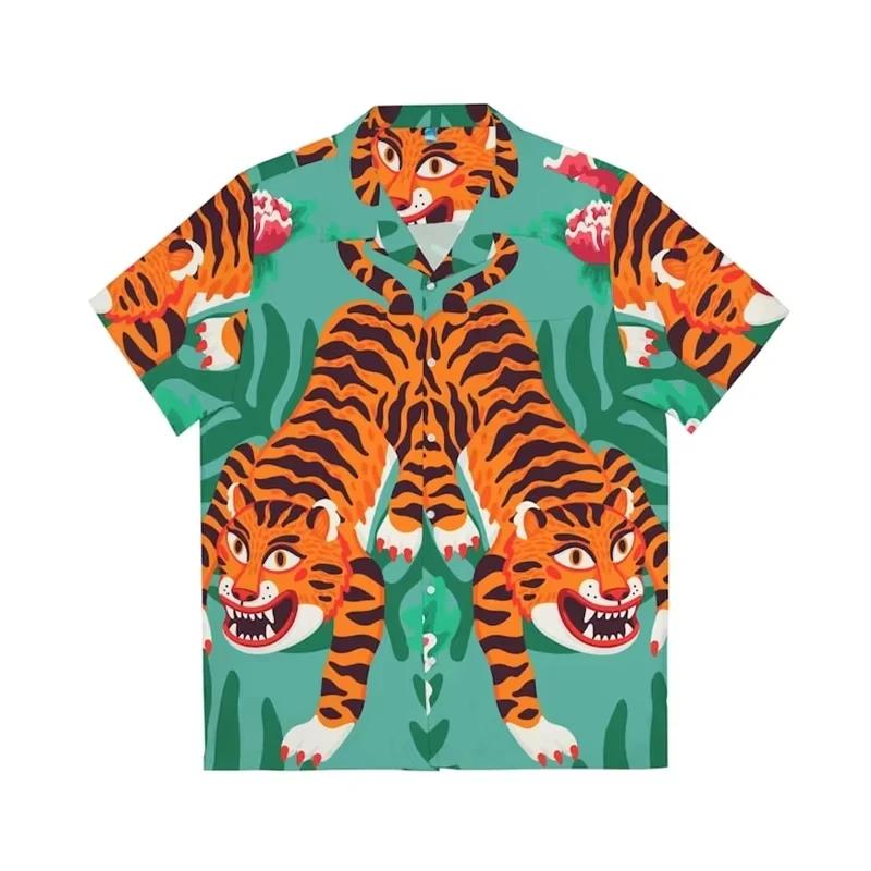  Chemise hawaïenne tigre 3D pour hommes, imprimé Animal, manches courtes, Y2K, fête sur la plage,
