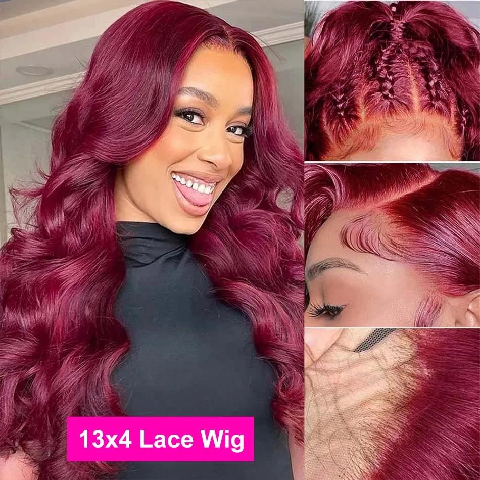 Perruque Lace Front Wig Body Wave Brésilienne Naturelle, Cheveux Humains, Bordeaux 99J, 13x6 HD, 13x