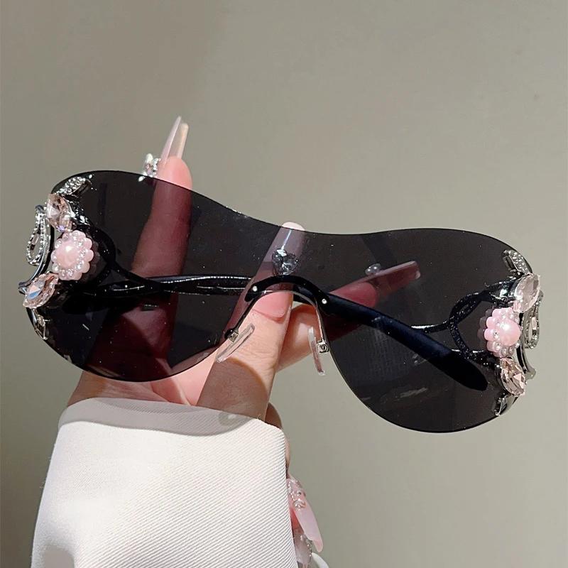 KAMMPT – lunettes de soleil Y2k sans bords avec strass pour femmes, monobloc, décoration extérieure,