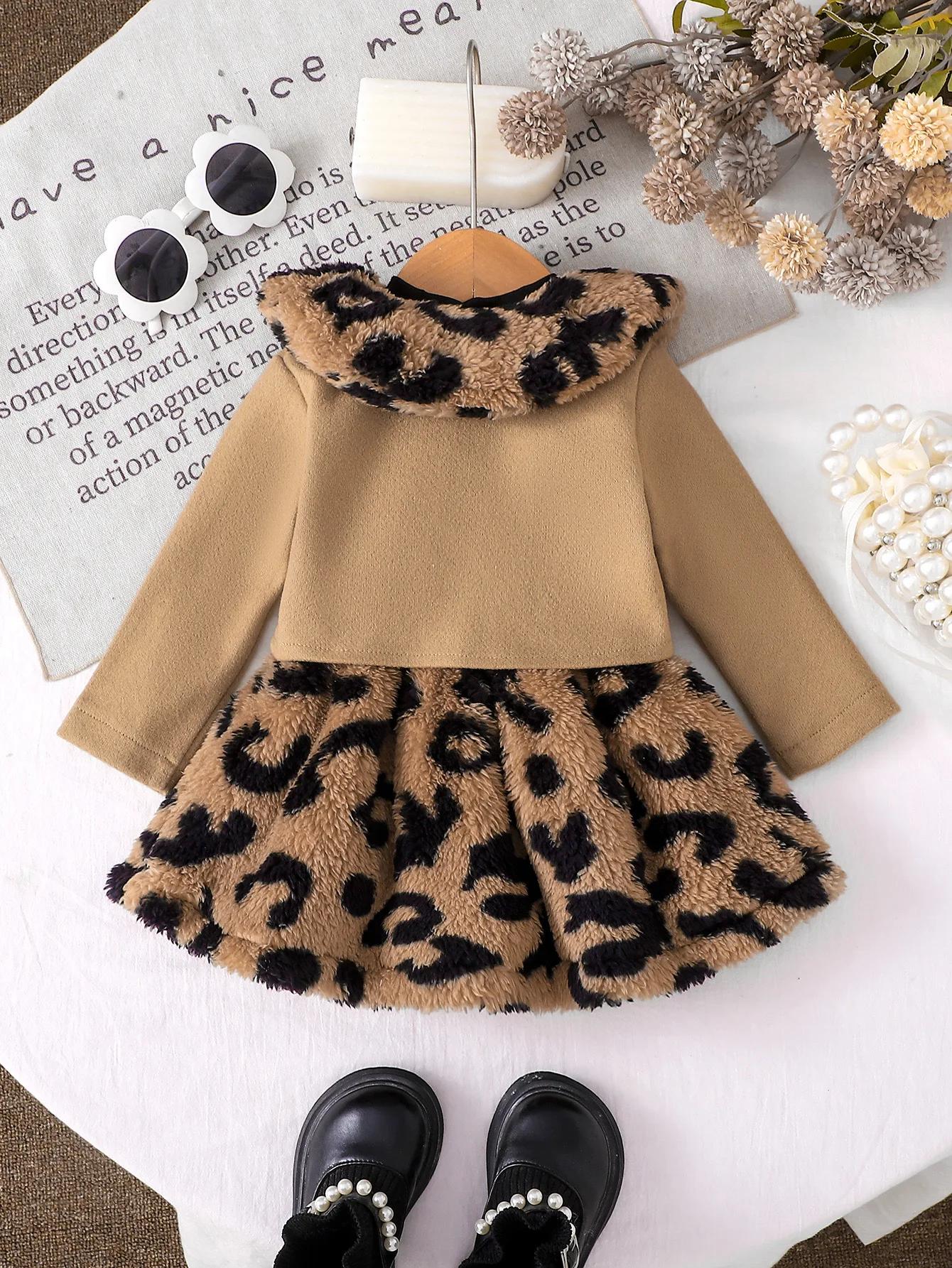 Ensemble robe en peluche à imprimé léopard + manteau court à revers pour bébé fille, ensemble deux p
