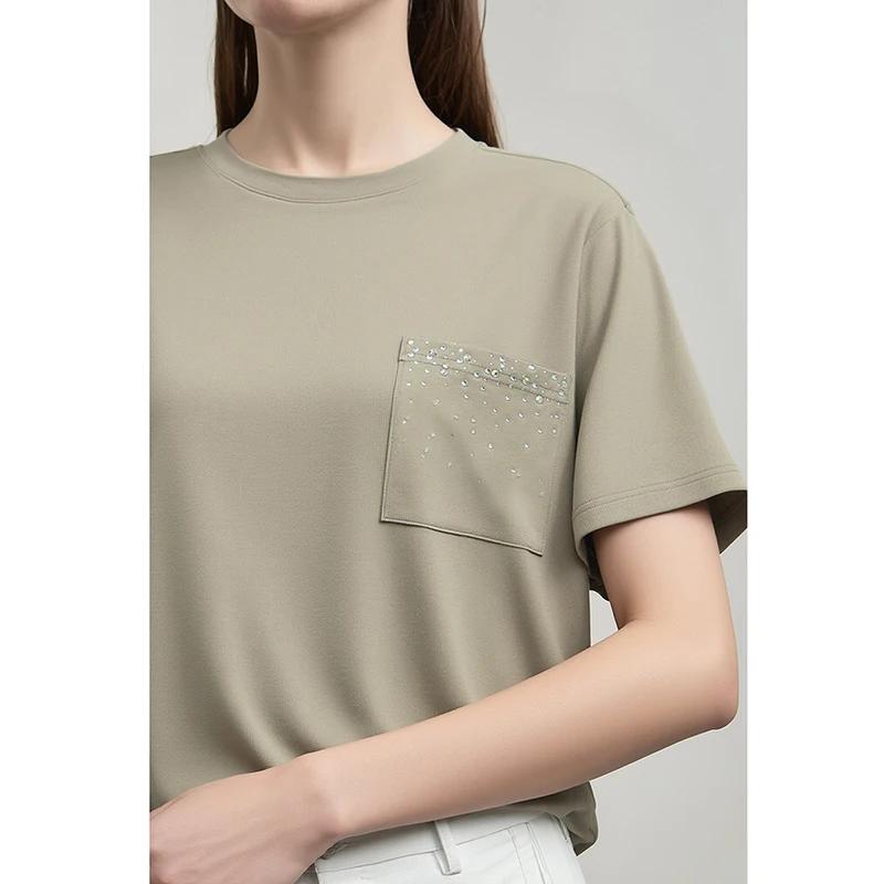 T-shirt Amii pour femme, nouvelle collection été 2026, col rond, en coton extensible, avec poche orn