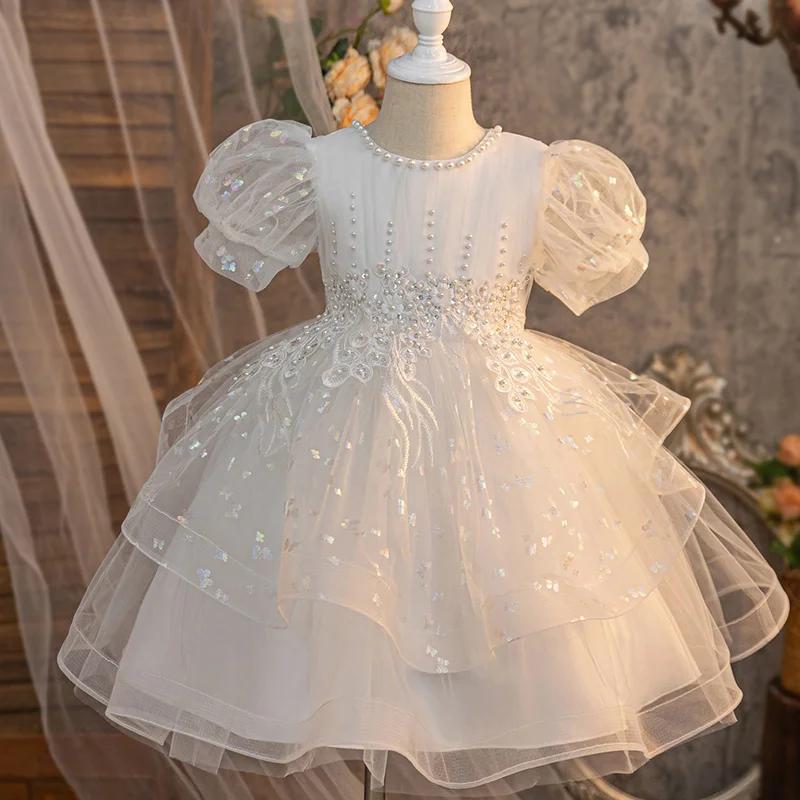 Jupe moelleuse brodée de perles avec nœud pour filles, robe d'été en maille pour anniversaire de béb