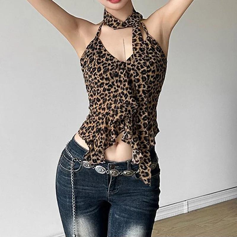 Débardeur léopard à lacets pour femmes, col licou, à volants irréguliers, Slim, épicé, haut court, C