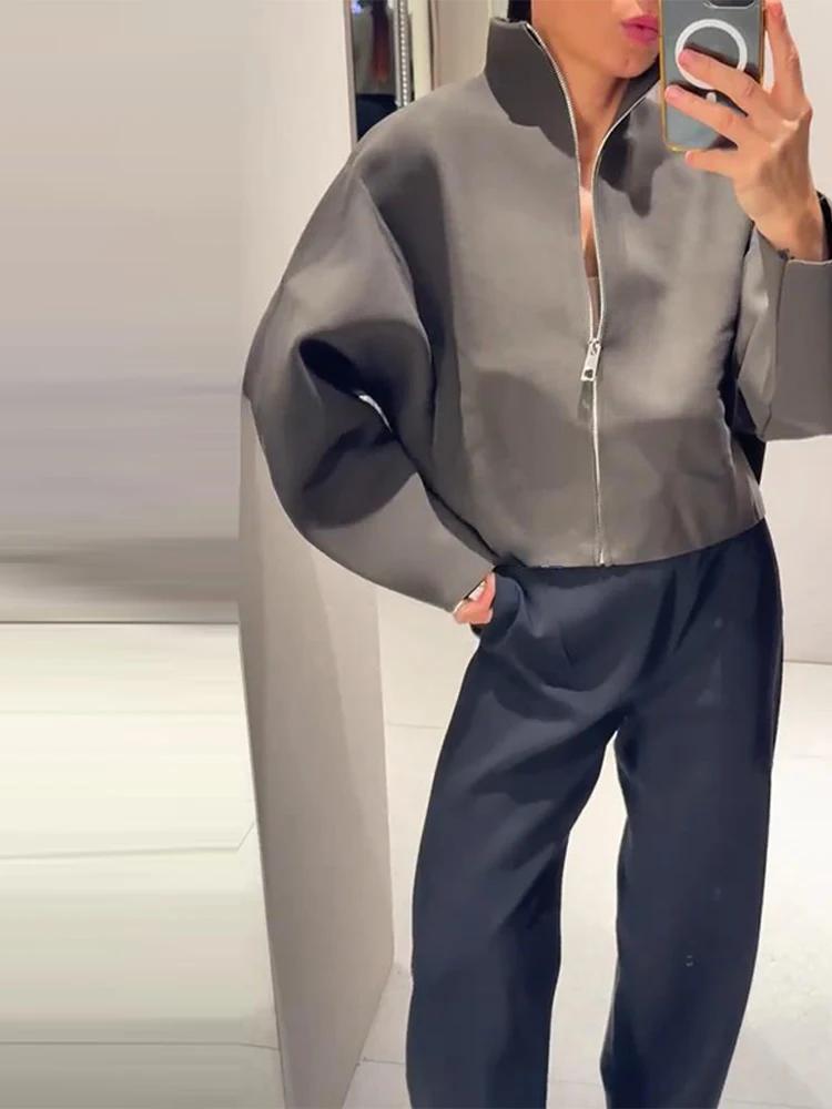 Veste courte en tricot pour femmes, col montant, fermeture éclair, manteau ample à manches longues,