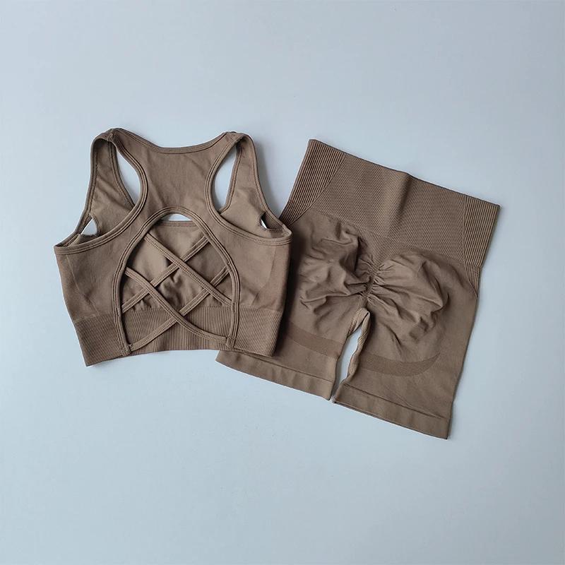 Ensemble fitness femme taille haute levage hanches - Soutien-gorge sport et short yoga dos nu