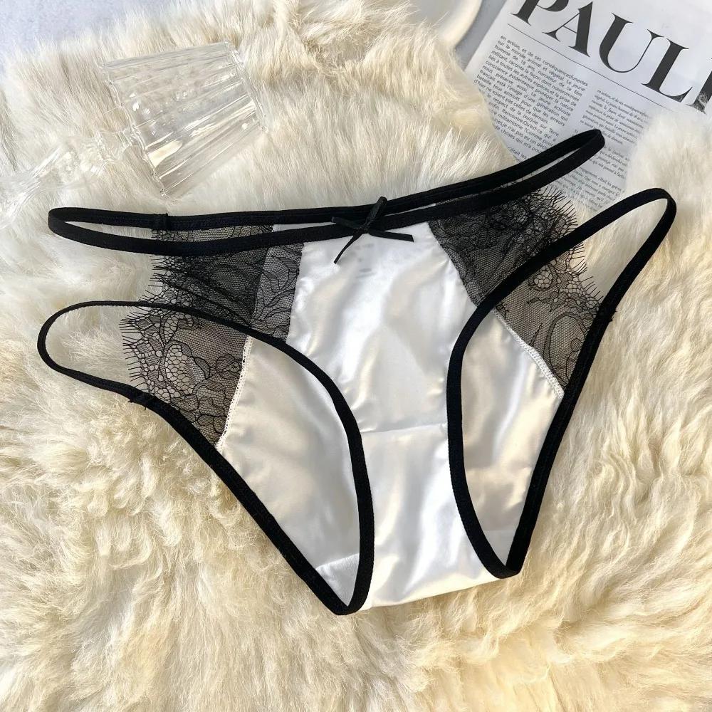 Culottes taille basse pour femmes, en maille transparente, dentelle délicate, avec nœud ajouré, en s