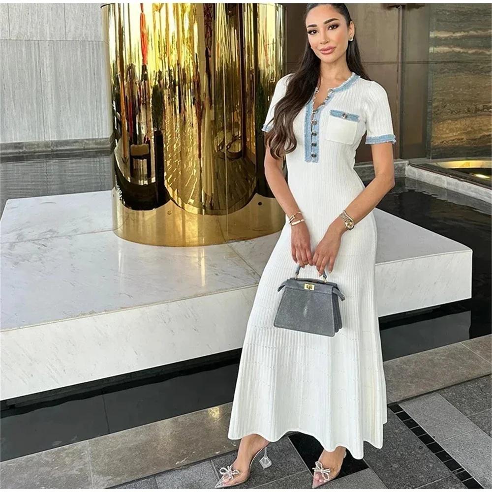 Robe Maxi en tricot pour femmes, élégante, contrastée, Chic, col rond, manches courtes, boutons méta