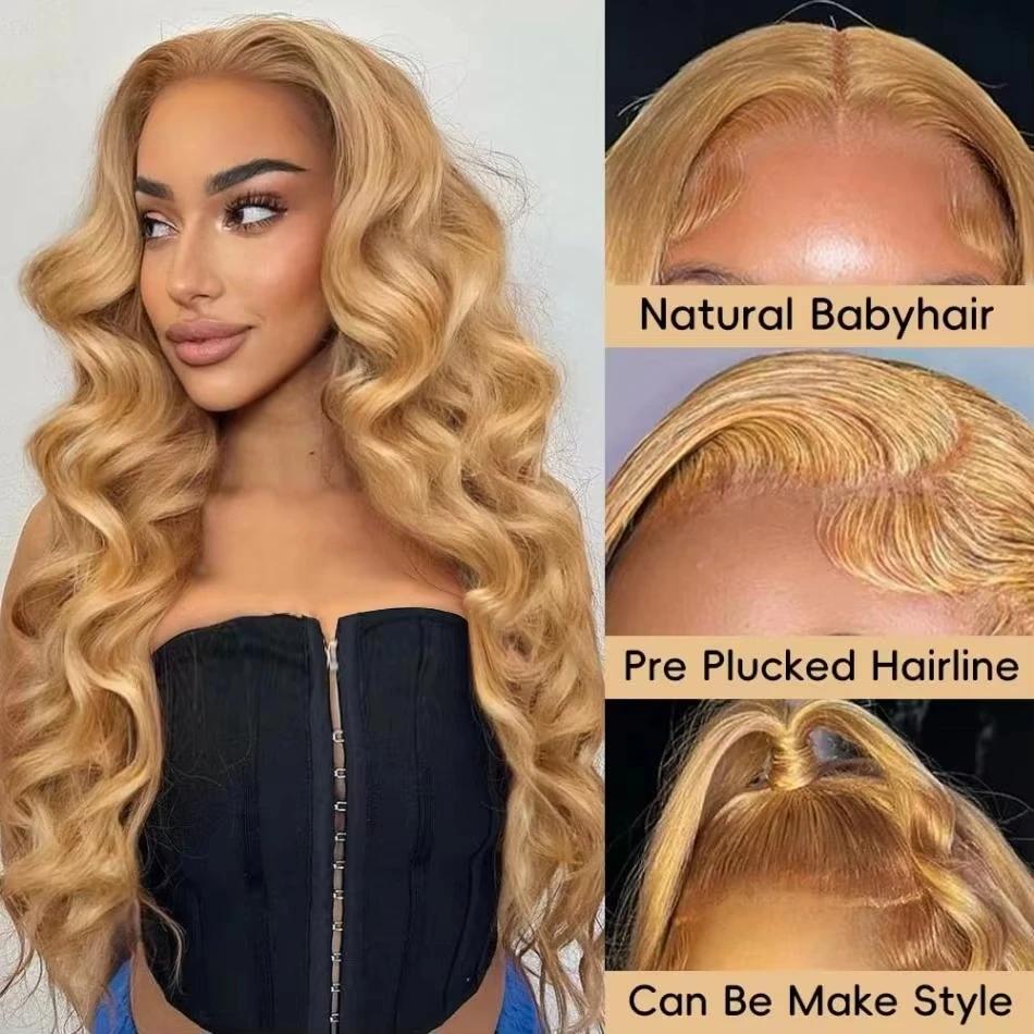 27 perruques de cheveux humains blond miel 13X6 Hd perruque frontale en dentelle 13x4 vague de corps