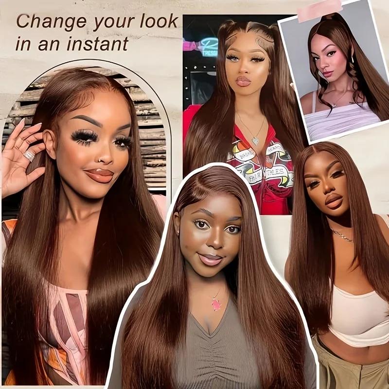 Perruque en cheveux humains brun chocolat, lisse, avec dentelle frontale 13x4 HD, sans colle, pour f
